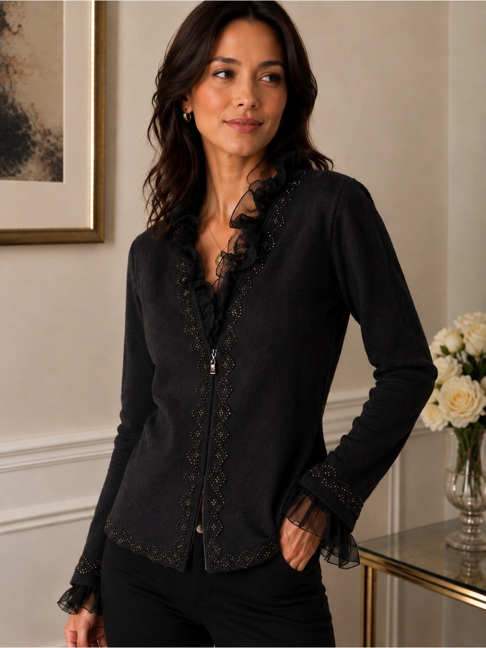 St. John Evening Black Ruffle-Trim Zip Front Cardigan